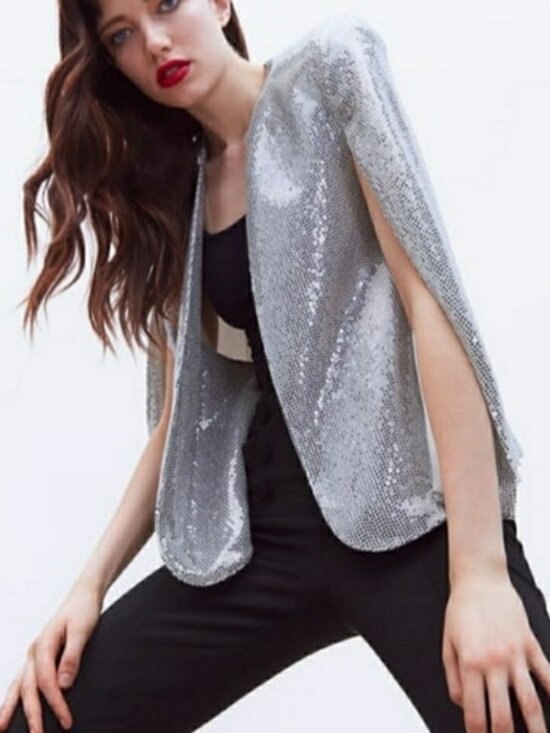 Zara Silver Sequin Cape Blazer S - Picture 3 of 16